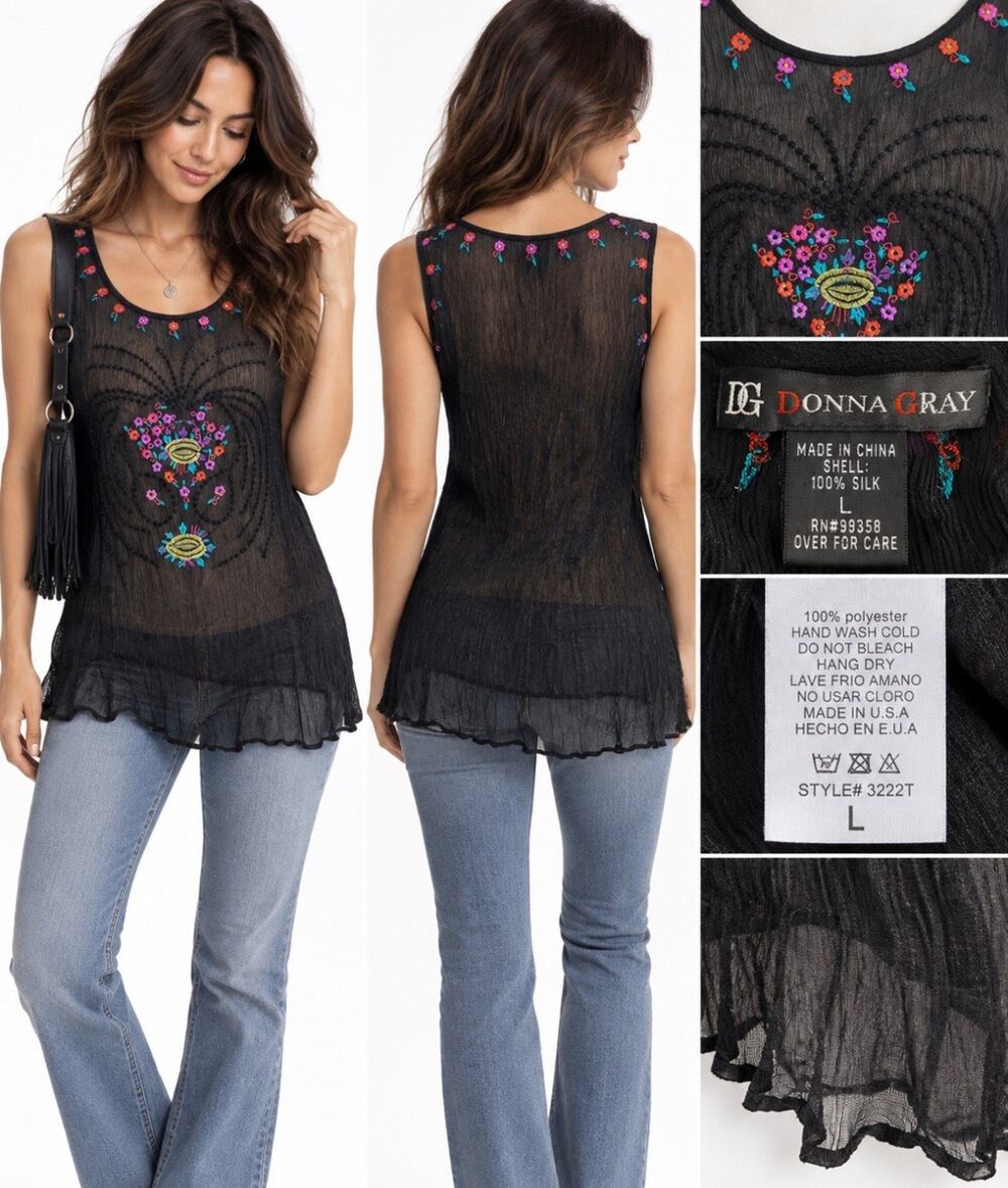 Y2K 2000s Boho Donna Gray Sheer Embroidered High Low Tank Top Size L Silk Black